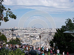 View of Paris from the sacr Coeur mountain and many tourists on the observation deck. August 05, 2009, Paris, France, Europe