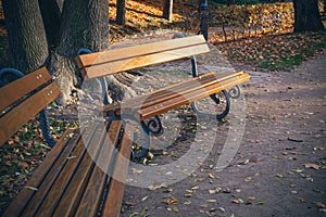 View of park bench at golden hour, Vysehrad