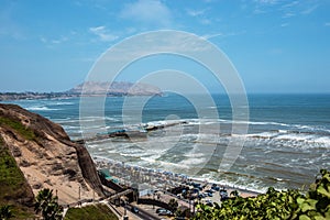 View from the park of lovers on the Pacific and the gourmet restaurant La Rosa Nautica in Lima photo