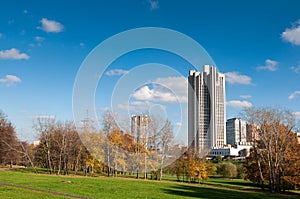 View on park and old Moscow skyskrapers