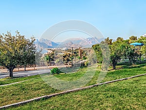 View from the park to Konyaalti beach and mountains in Antalya, Turkey