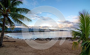 View of park and tropical beach in Haleiwa, North shore of Oahu, Hawaii