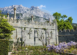 View of the park in Vorontsov Palace built in Moorish style in 19th century near the Crimean Mountains