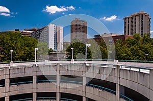 View of parking garage ramp and highrises in Towson, Maryland. photo