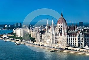 View of Parliament building in Budapest, Hungary from the opposite bank of the Danube