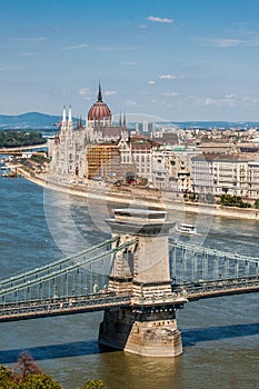 View of Parliamentand and the chain bridge, Budapest Hungary,