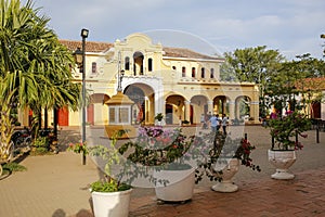View of Parque De La Inmaculada Concepcion in sunshine, historic town Santa Cruz de Mompox and