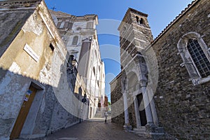 View with the Parrocchia di Santa Maria Maggiore on the left and the Basilica di San Silvestro on the bright, Trieste, Italy