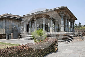 View of Parshvanatha Basadi, Basadi Halli jain temple complex, Karnataka. Main shrine on the left and Navaranga Hall in the right. photo