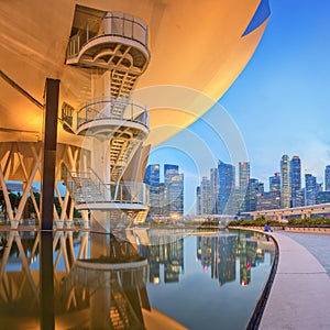 View of part of ArtScience Museum and Singapore skyscrapers in the background.