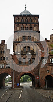 View of part of Burgtor or Burg Tor nothern Gate in a gothic style, beautiful architecture, Lubeck, Germany