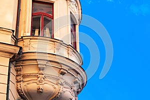 View of part of the post office building, and blue sky in Bratislava, Slovakia