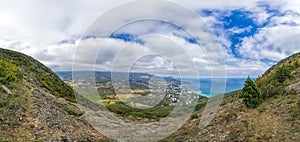 View on Partenit city and Black sea coast from mountain Ayu-Dag, Crimea Copy space. The concept of an travel, relax, active and