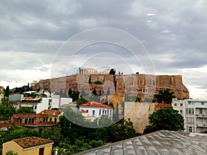 View of the Parthenon, Acropolis in Athens Greece. Visting the Acropolis museum on a cloudy day