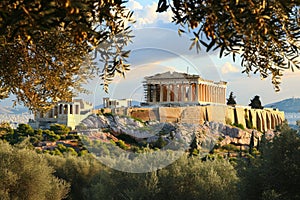 A View of the Parthenon of the Acropolis Temple From Above, A classical Greek Parthenon surrounded by olive trees, AI Generated