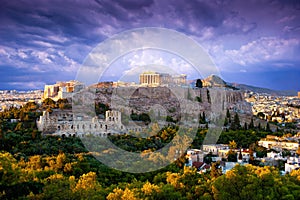 View of Parthenon Temple and Odeon of Herodes Atticus on Acropolis Hill