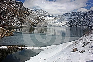 View of the partially frozen Lake Tsongmo, Sikkim, India