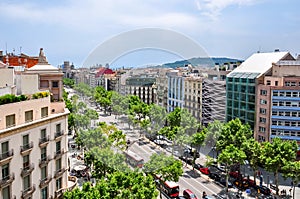 View of Paseo de Gracia street from top of Casa Mila house, Barcelona, Spain