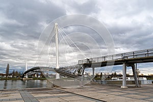 View of the Passerelle des Deux Rives Bridge over the Rhine River outside of Strasbourg