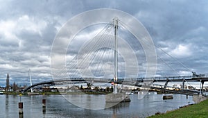 View of the Passerelle des Deux Rives Bridge over the Rhine River outside of Strasbourg