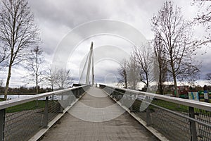 View of the Passerelle des Deux Rives Bridge over the Rhine River outside of Strasbourg