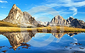 View from passo Giau, mountain lake, Dolomites mountains