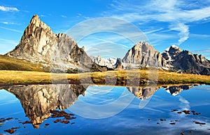 View from passo Giau, mountain lake, Dolomites mountains