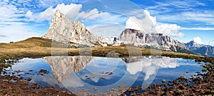 View from passo Giau, mountain lake, Dolomites mountains