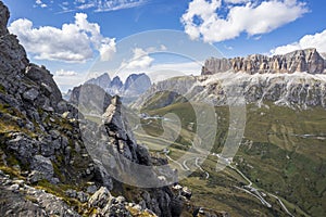 View of Passo Pordoi and Gruppo del Sella in the Dolomites