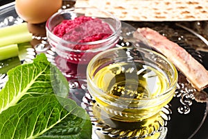 View of Passover Seder plate keara with traditional meal. Pesah celebration