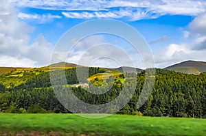 View of the pastoral rural landscape with mountains, forest