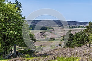 A view from the path downhill from the final climb to the escarpment of Stanage Edge in the Peak District, UK