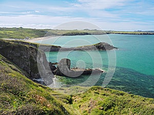 View from path on St Davids Peninsula over Whitesands Bay, Pembrokeshire, Wales