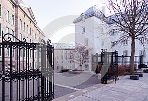 View of patrimonial buildings in the 17th to 19th Century Seminary of Quebec ensemble in the old town