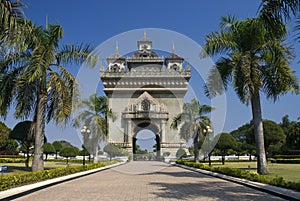 View of patuxai arch in vientiane, laos, asia