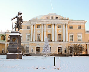 View with Pavlovsky Palace and Monument to Pavel First on January 2014