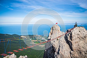 View of peak Ai-Petri and main area in Ai-Petri and cablewa. Crimea. Main ridge of Crimean mountains. An array Ai-Petri Yayla.