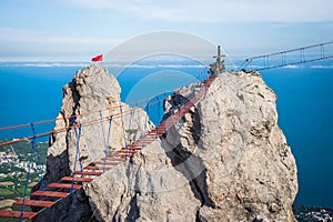 View of peak Ai-Petri and main area in Ai-Petri and cablewa. Crimea. Main ridge of Crimean mountains. An array Ai-Petri Yayla.