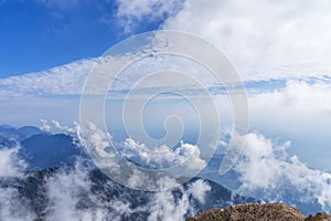 View from the peak of Tahtal mountain, height 2365 meters, on the coastline of the Mediterranean Sea, Camyuva village, Kemer,