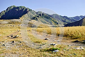 View of peaked Altai mountains and a pathway stretching into the distance