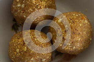 View of Peanut Jaggery balls which is a traditional south indian sweet. Peanut ladoo sweet.