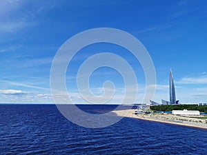 View from the pedestrian bridge of the Gulf of Finland, Lakhta Center and the studio of the