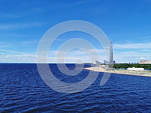 View from the pedestrian bridge of the Gulf of Finland, Lakhta Center and the studio of the