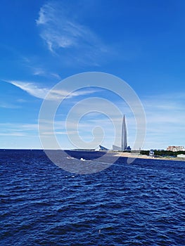 View from the pedestrian bridge of the Gulf of Finland, Lakhta Center and the studio of the