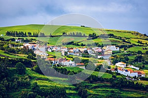 View of Pedreira village at northeast coast of Sao Miguel island, Azores, Portugal. View of Pedreira village and Pico do