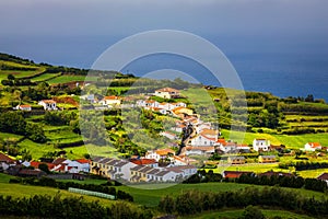 View of Pedreira village at northeast coast of Sao Miguel island, Azores, Portugal. View of Pedreira village and Pico do