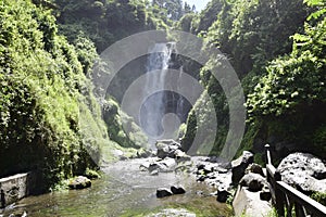 View of Peguche Waterfall in the mountains. It's surrounded by green forest full of vegetation. Ecuador