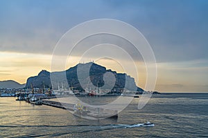 View on Pellegrino mountain from the sea at sunset. Palermo, Italy, Sicily