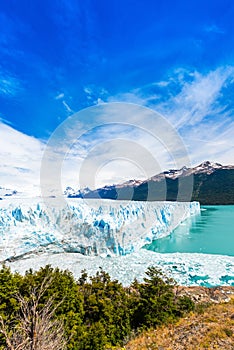 View of the Perito Moreno Glacier, Patagonia, Argentina. Vertical. Copy space for text