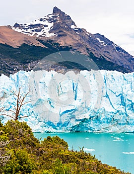View of the Perito Moreno Glacier, Patagonia, Argentina. Vertical. With selective focus